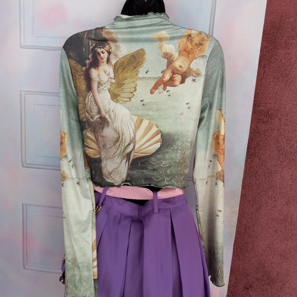 Renaissance angel art silky lettuce edged crop top! Nwot! So cute! - Picture 6 of 9